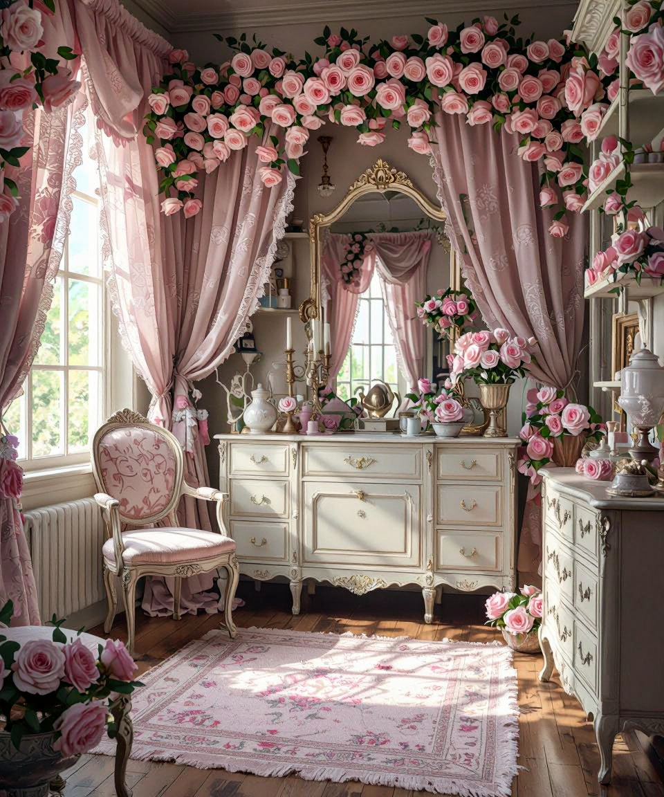 Vintage Dressing Room with Pink Roses — AI generated image