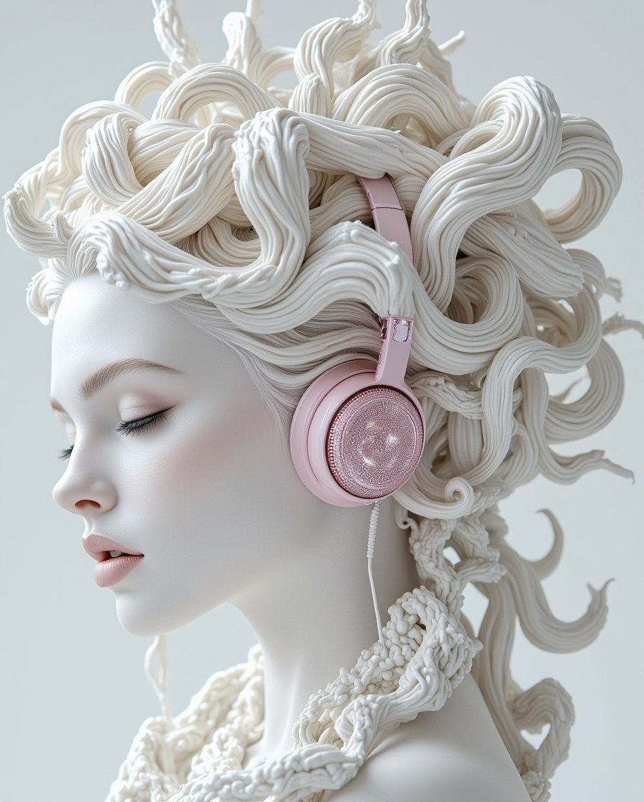 Ethereal Medusa Hair with Pink Headphones — AI generated image