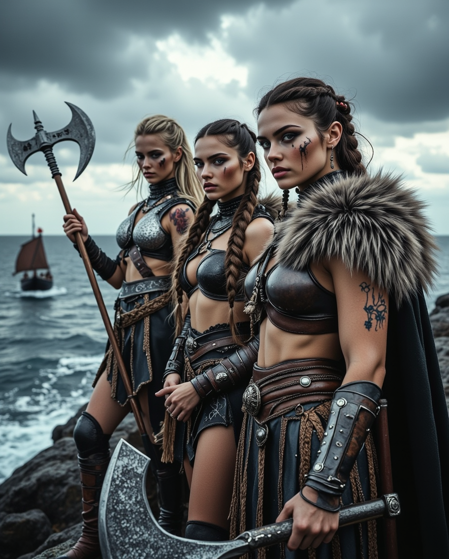 Fierce Viking Warrior Women in Battle Pose — AI generated image