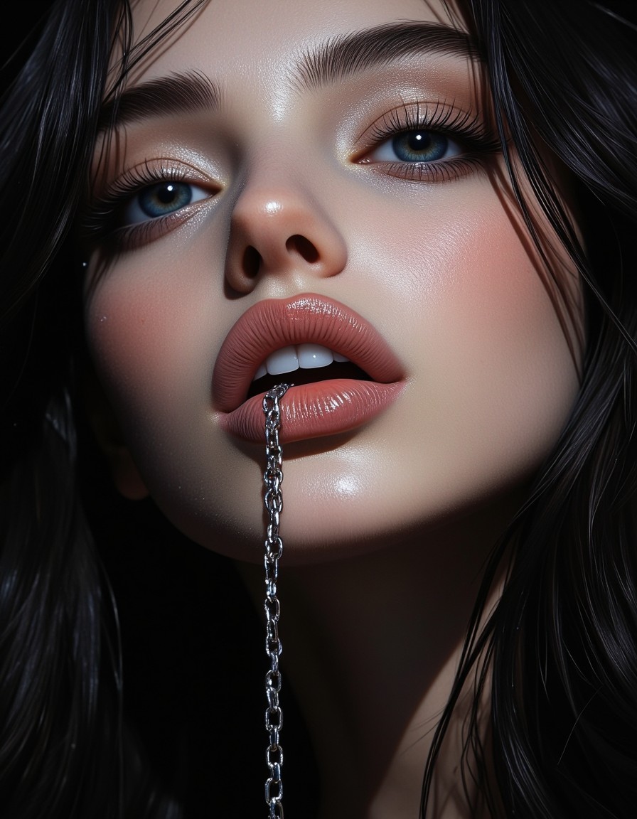 Alluring Mysterious Portrait with Glossy Lips — AI generated image