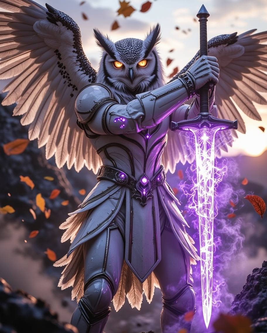 Owl-Man Warrior with Glowing Sword — AI generated image