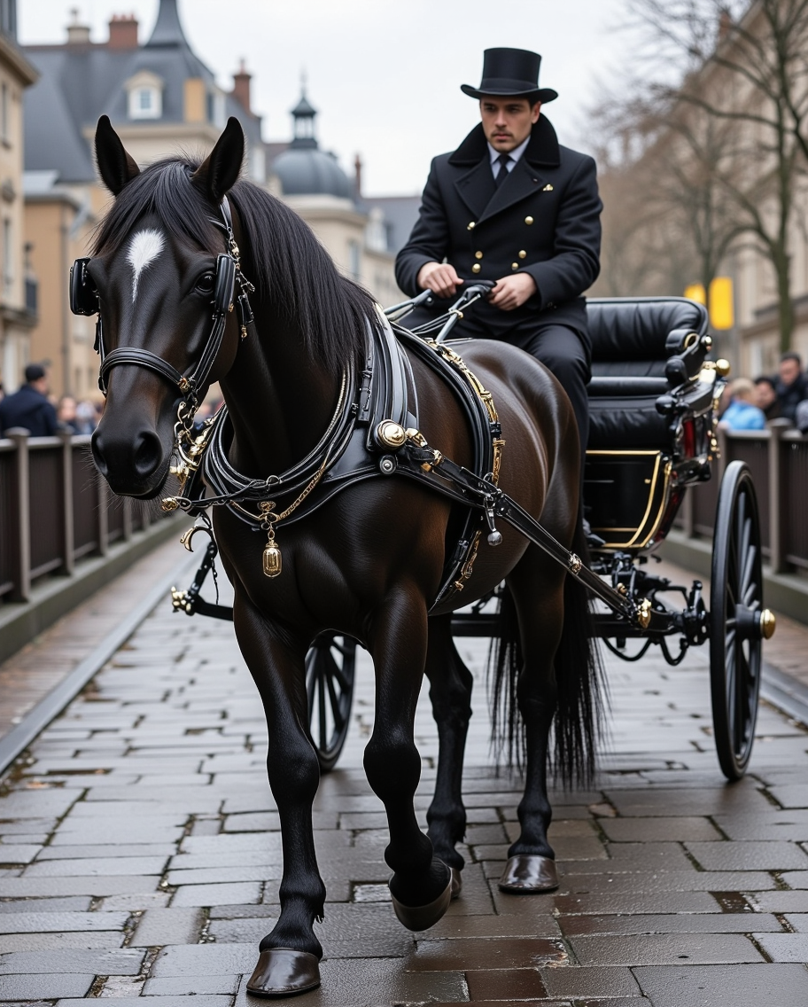 Black Draft Horse Pulling Antique Carriage — AI generated image