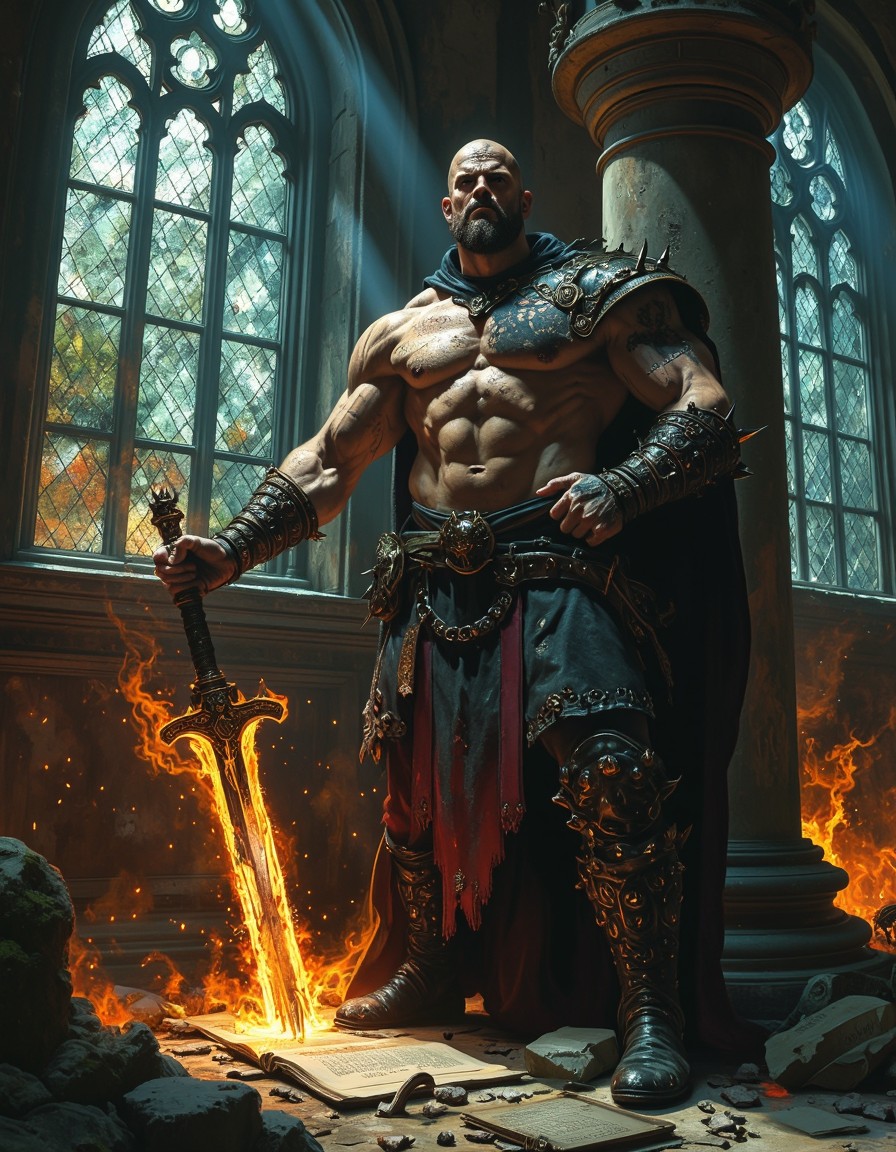 Dark Fantasy Warrior in Ruined Cathedral — AI generated image