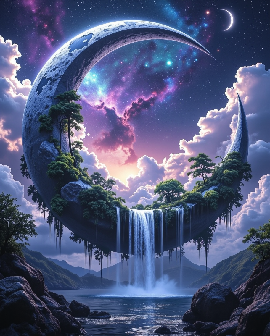 Colossal Crescent Moon in Nebula Nightscape — AI generated image