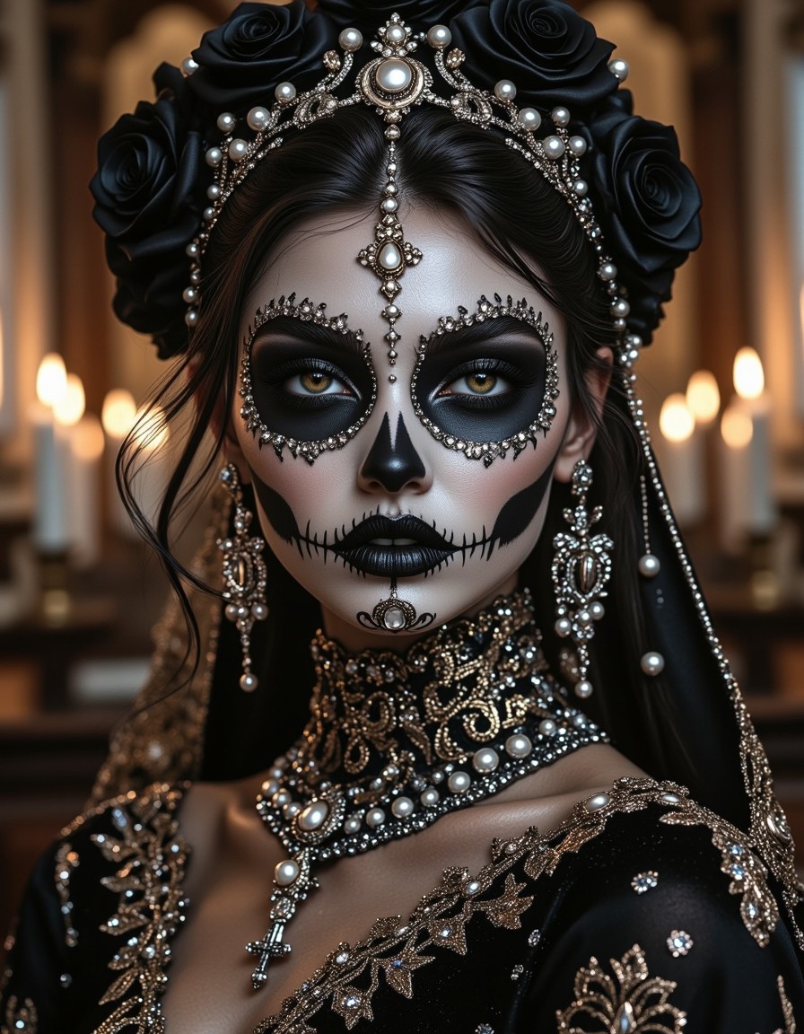 Santa Muerte Portrait with Elegant Skull Design and Chapel Ambiance — AI generated image