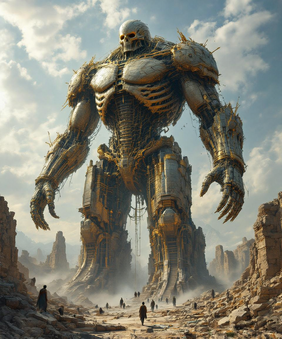 Biomechanical Colossus in Surreal Transformation — AI generated image