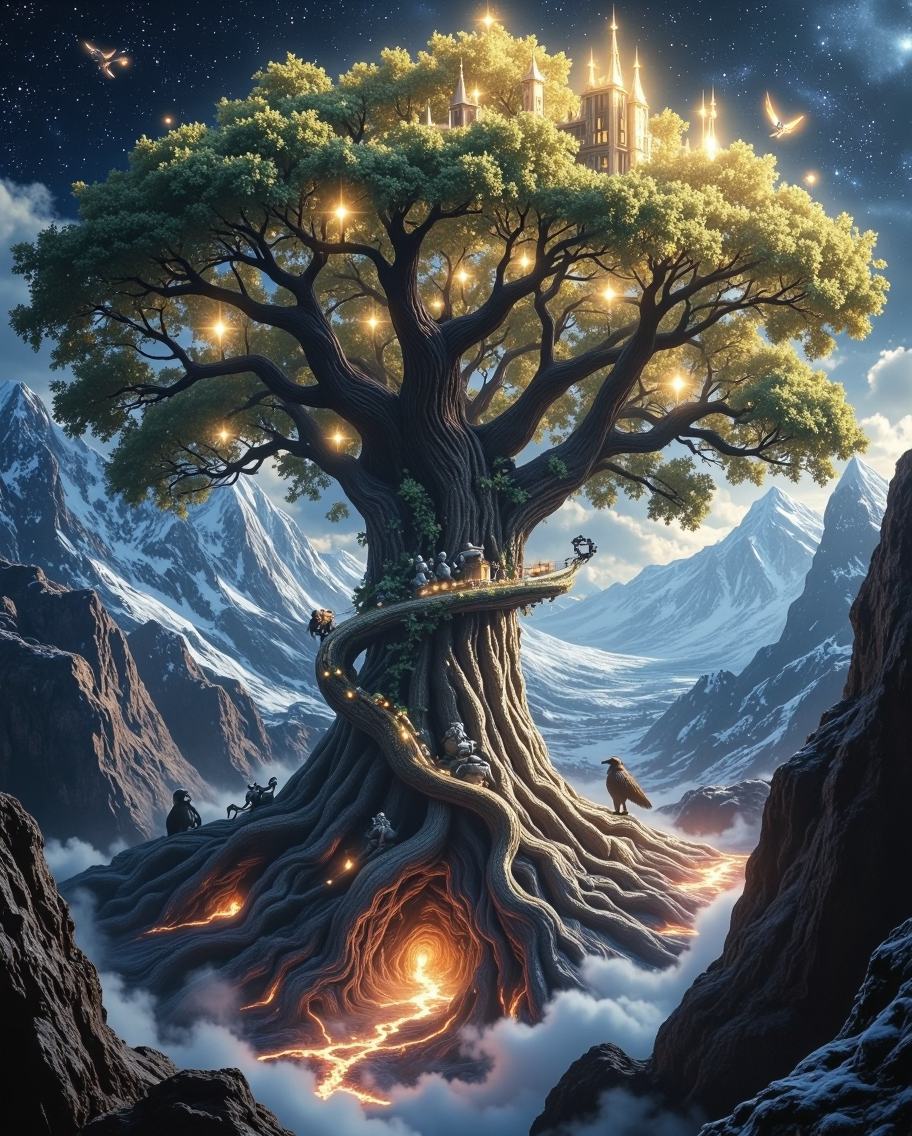 Cosmic Yggdrasil: Nine Realms — AI generated image