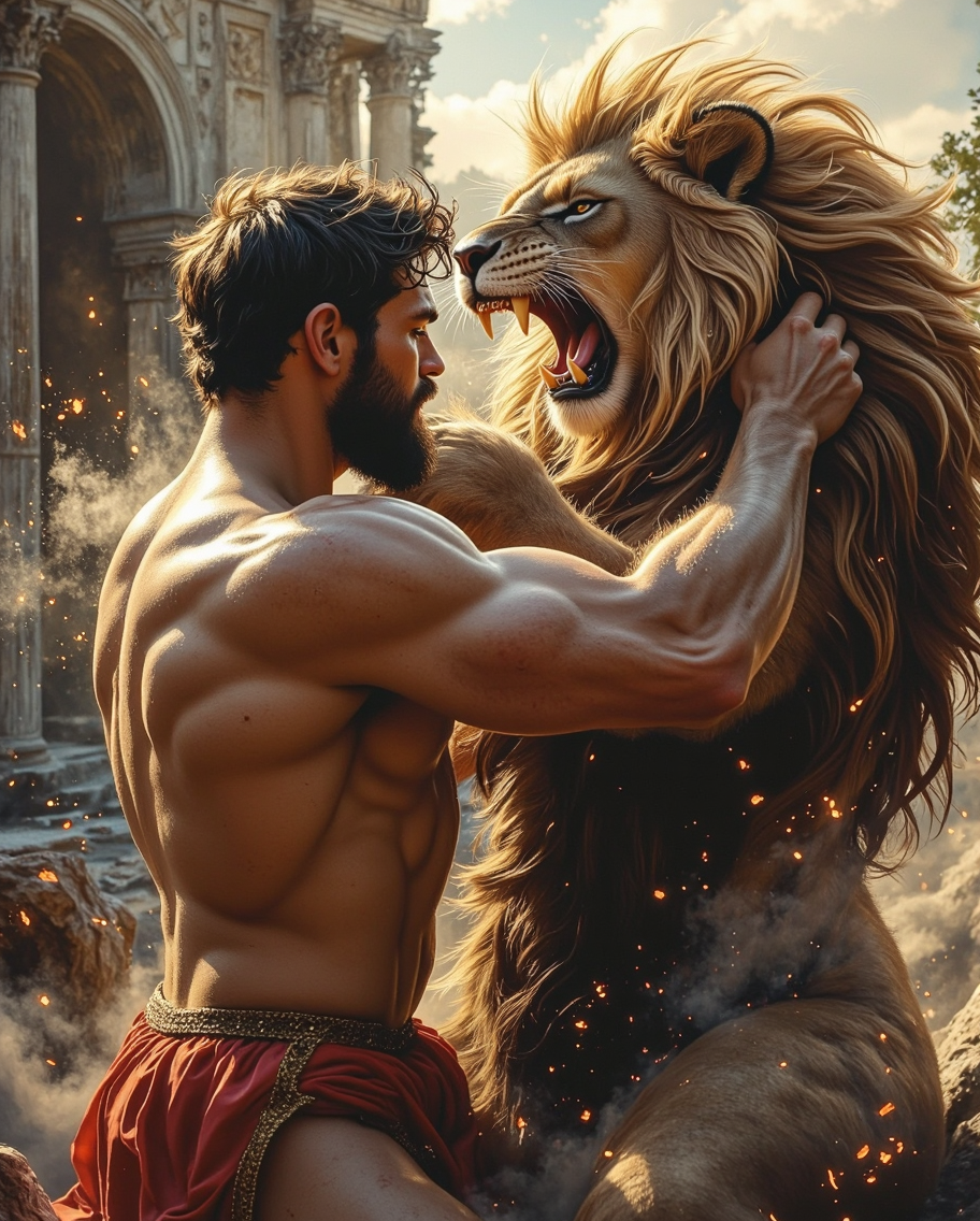 Ethereal Hercules vs Nemean Lion — AI generated image