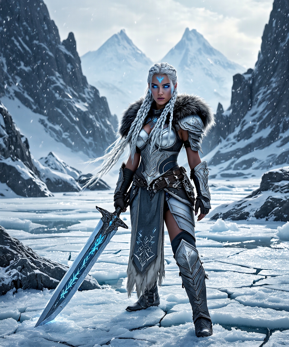 Frost Warrior on Icy Battlefield — AI generated image