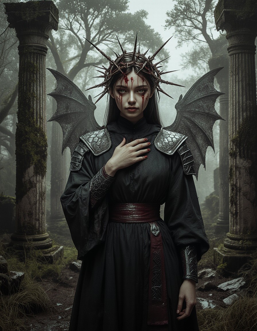 Thorn-Crowned Girl in Temple Ruins — AI generated image