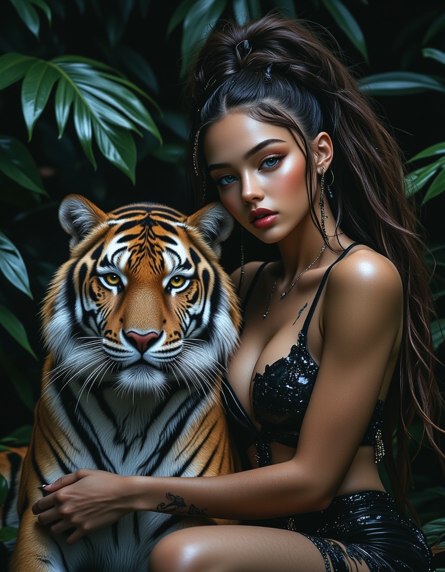 Powerful Woman and Majestic Tiger in Dark Jungle — AI generated image