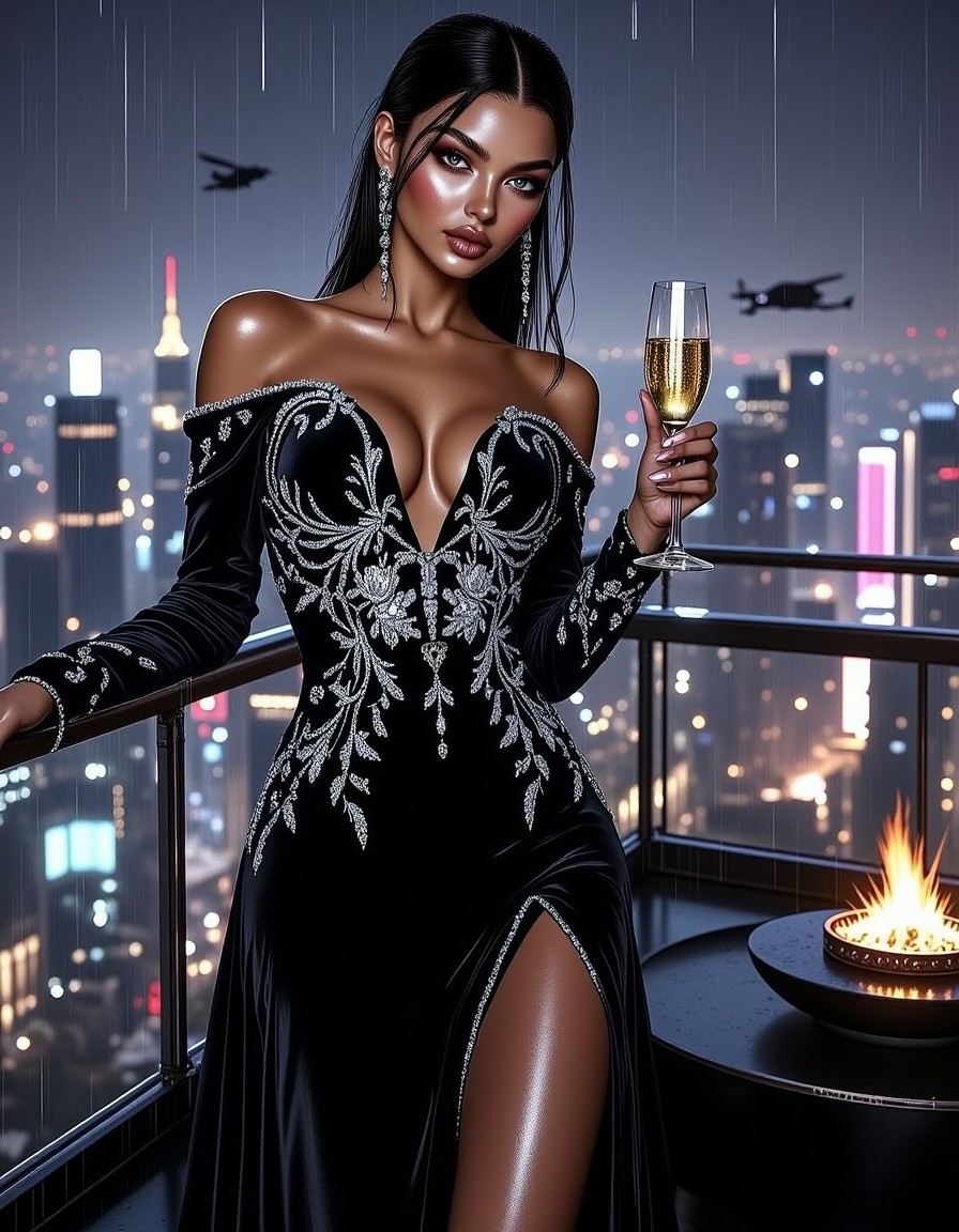 Cyberpunk Glamour Rooftop Elegance — AI generated image