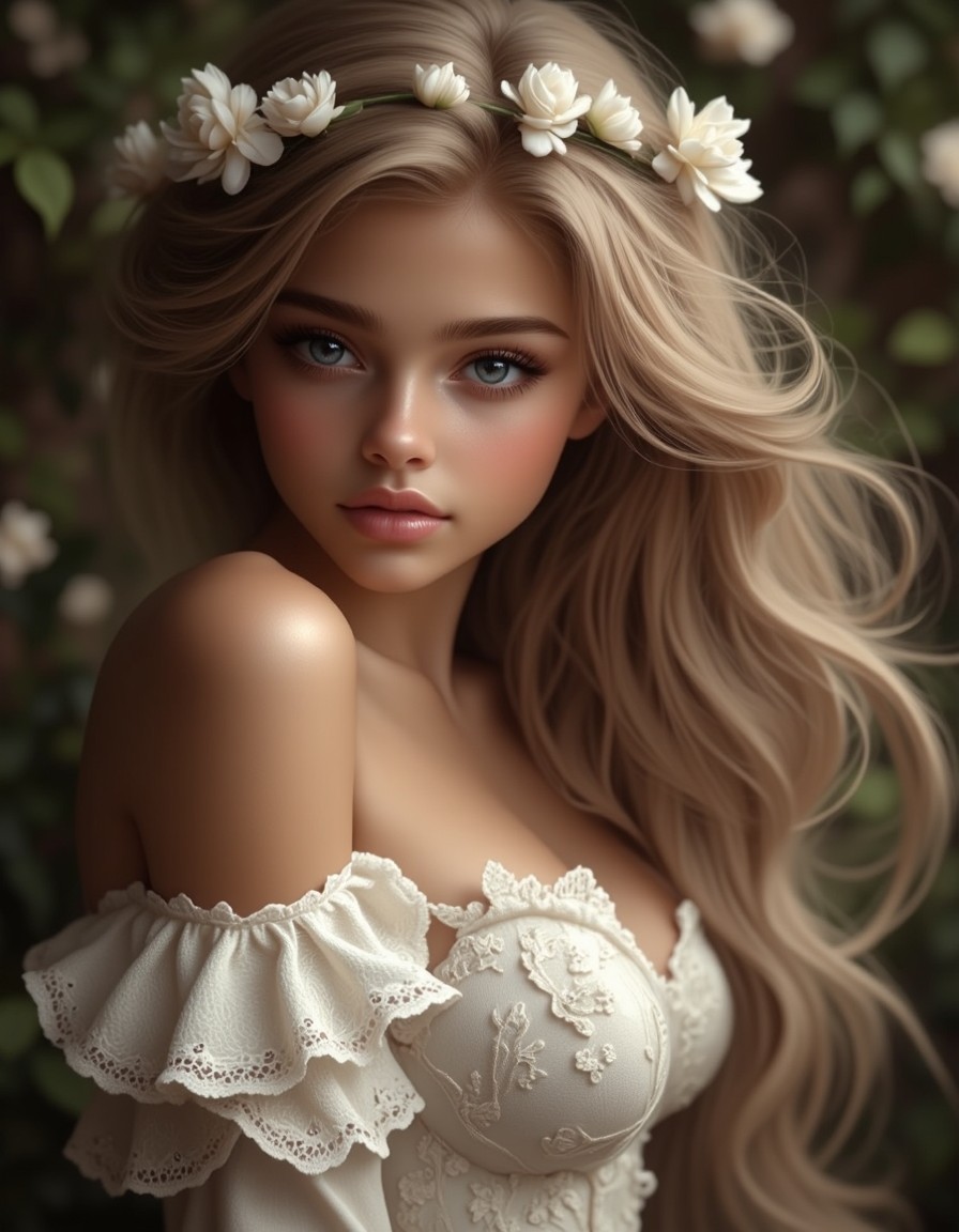 Vintage Lace Dress with Floral Crown — AI generated image