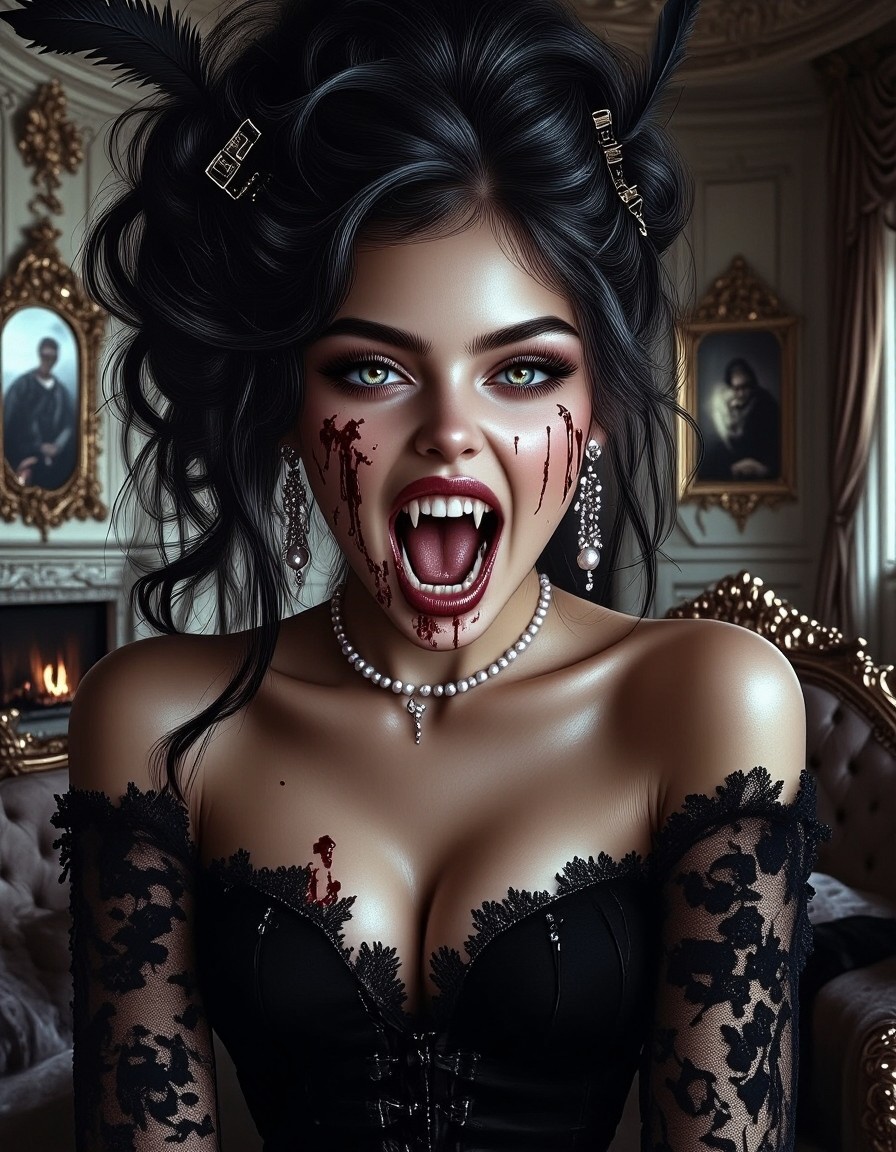Baroque Vampire Girl Blood-Splattered Portrait — AI generated image