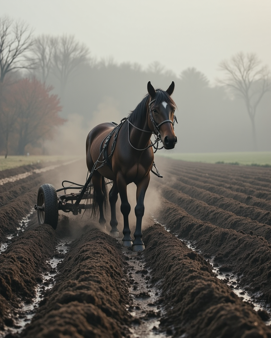 Belgian Horse Plowing Muddy Field — AI generated image