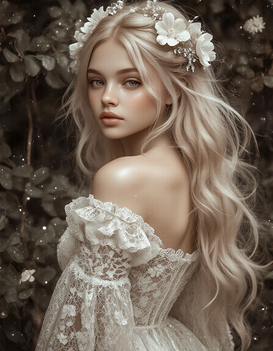 Vintage Lace Dress with Floral Hair — AI generated image