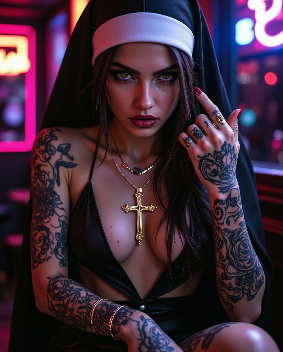 Tattooed Nun in Nightclub Defiant Pose — AI generated image