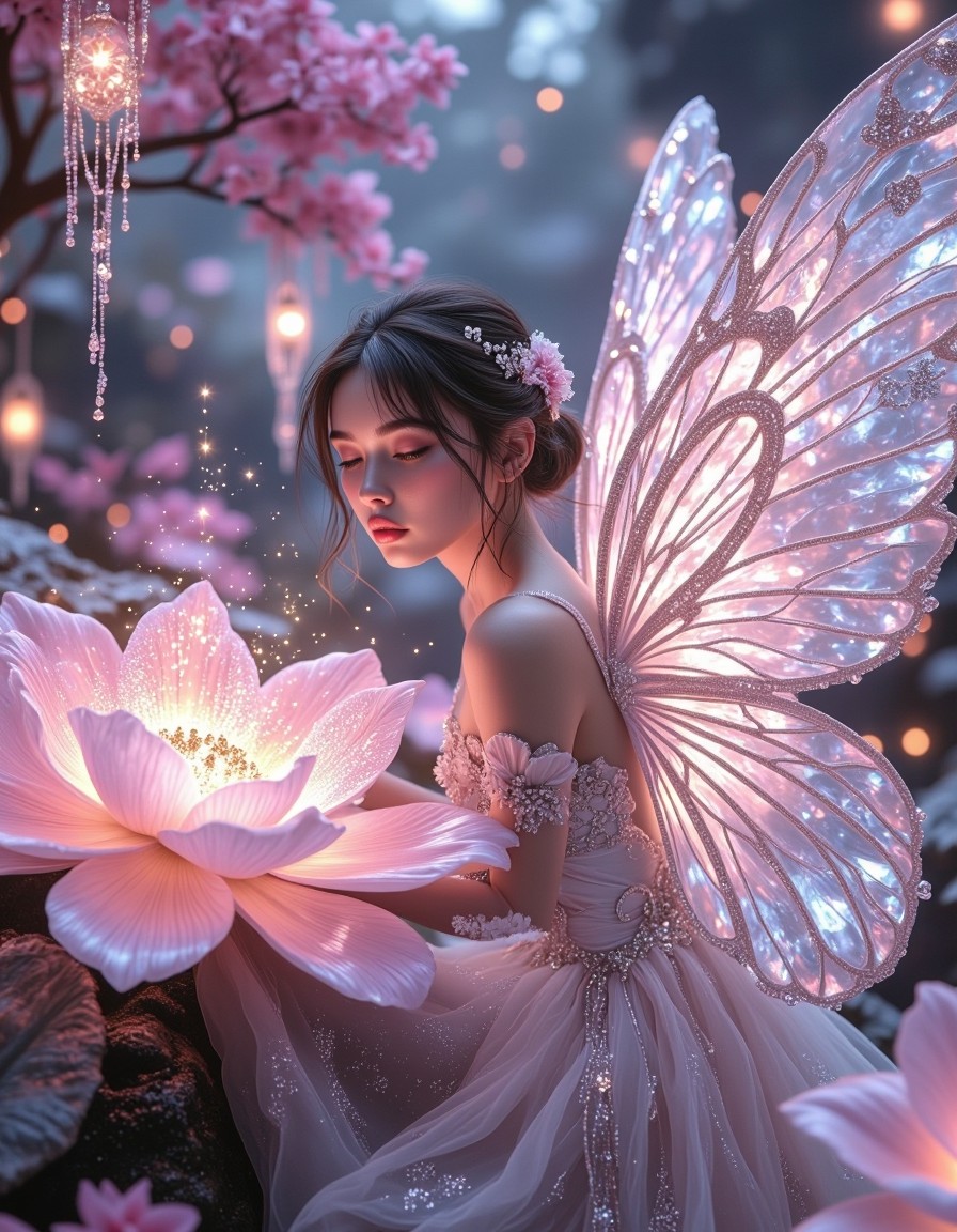 Girl with Shimmering Wings Over Luminescent Flower — AI generated image