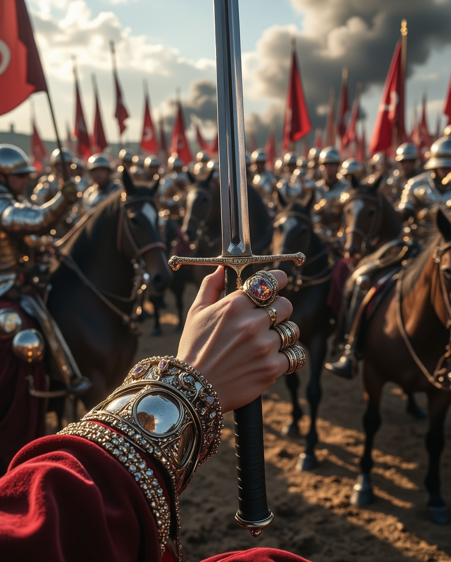 Sultan's Hands Grip Saber on Battlefield — AI generated image
