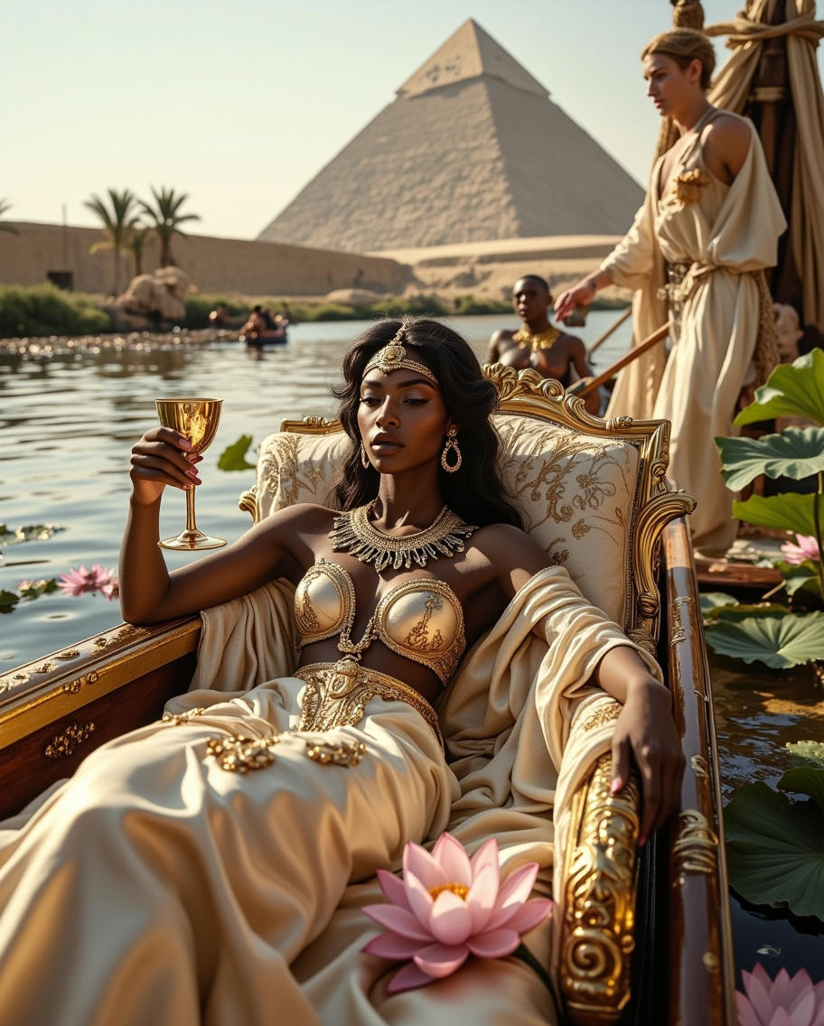 Cleopatra Reclining on Gilded Barge — AI generated image