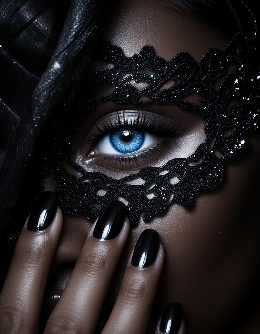 Extreme Close-Up of Half-Face with Blue Eye and Black Lace Mask — AI generated image