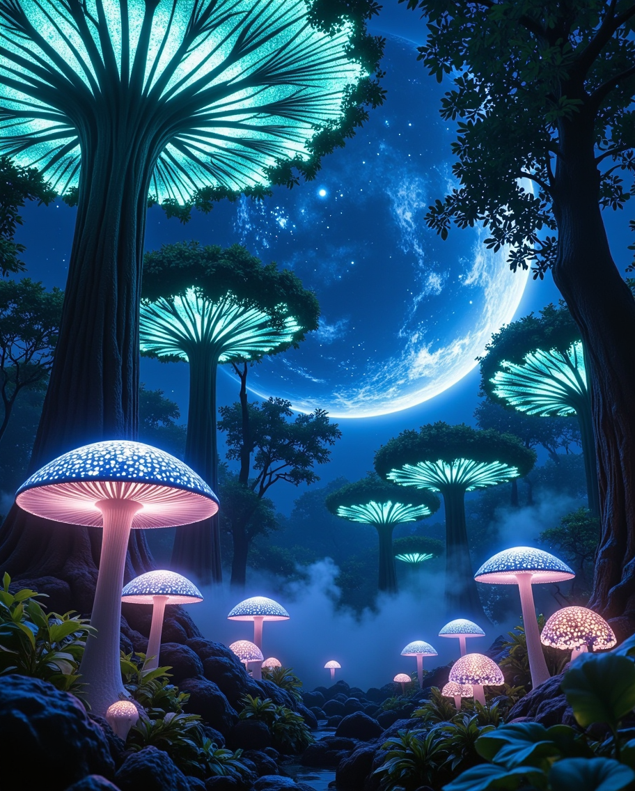 Luminous Alien Jungle with Celestial Planet — AI generated image