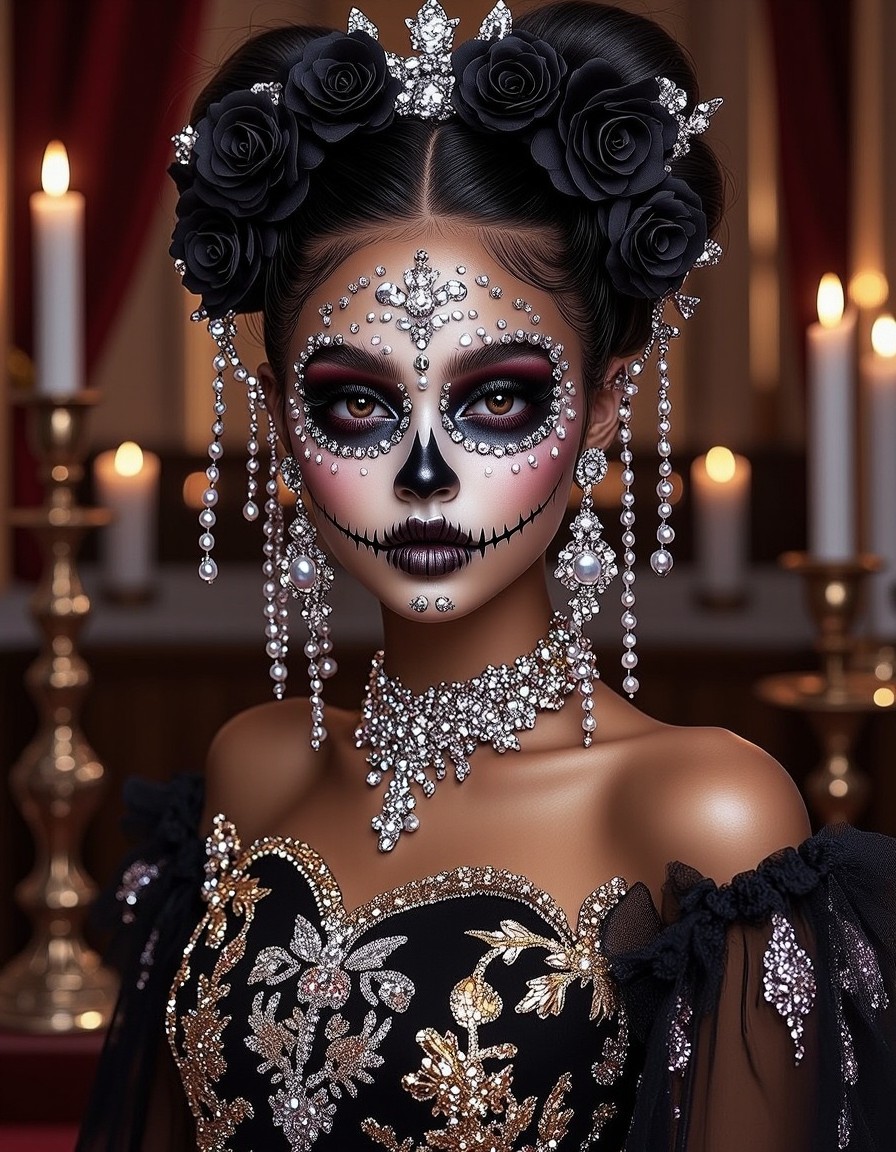 Santa Muerte with Skull Adornments — AI generated image