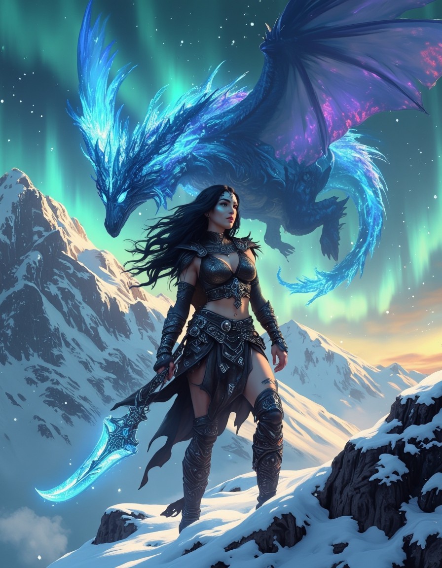 Warrior Girl with Crystal Dragon on Snowy Mountain — AI generated image