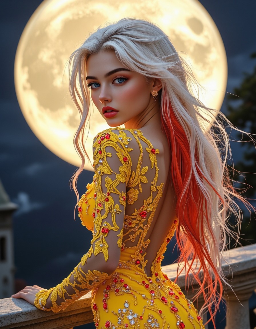 Elegant Woman on Moonlit Castle Balcony — AI generated image