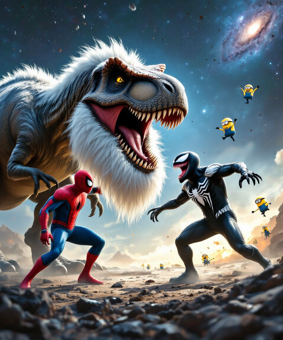 Spider-Man and Venom Battle Bearded T-Rex by Black Hole — AI generated image