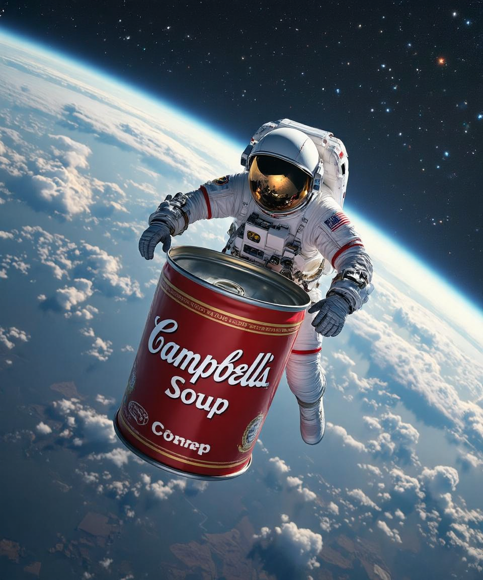 Astronaut Leaving Soup Can in Space — AI generated image