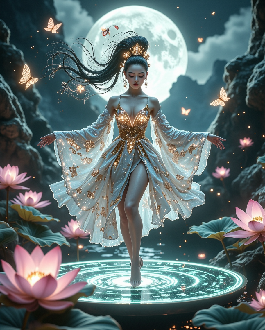 Cyberpunk Noh Oracle on Holographic Lotus — AI generated image