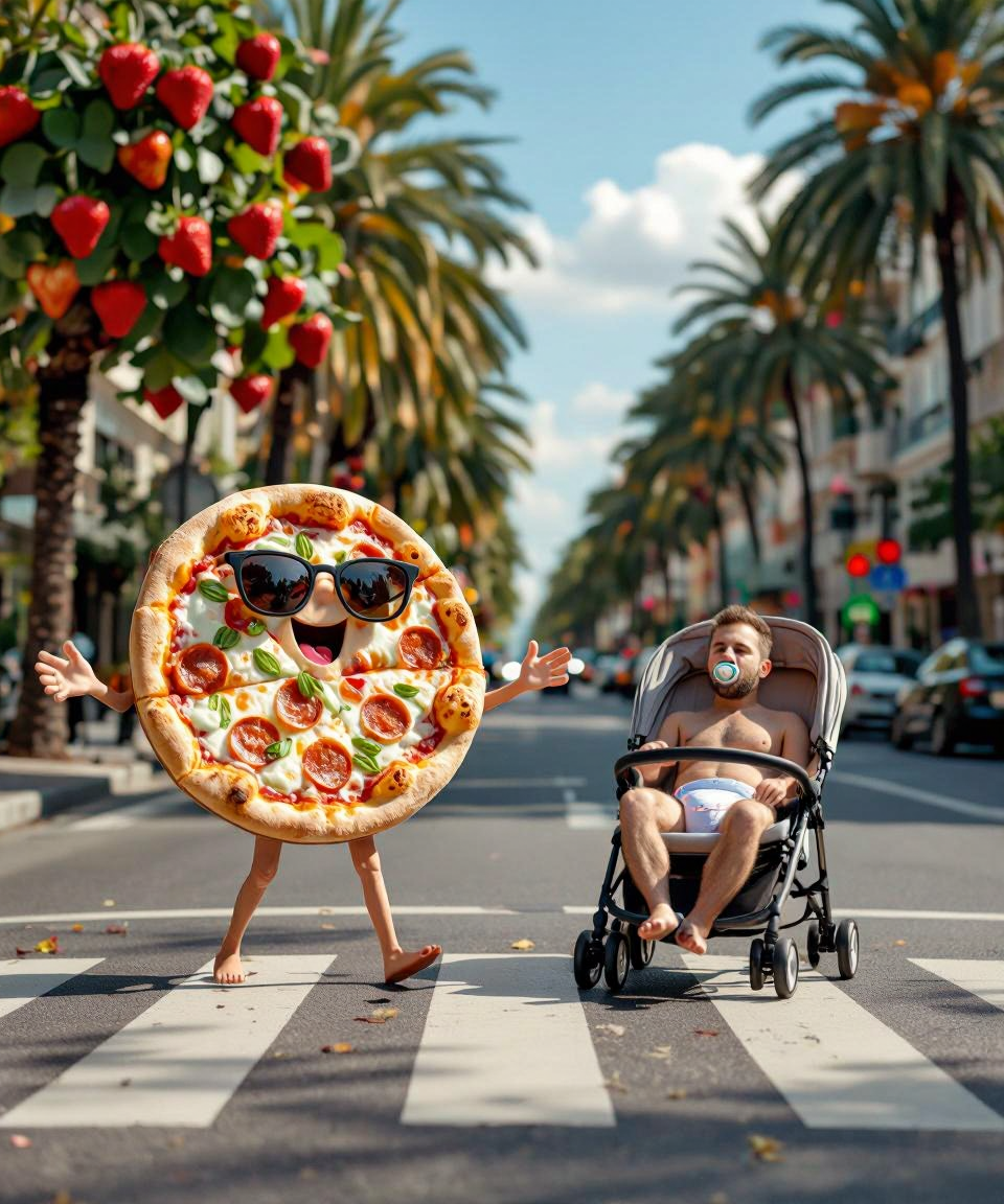 Surreal Pizza Stroll with Diapered Man — AI generated image